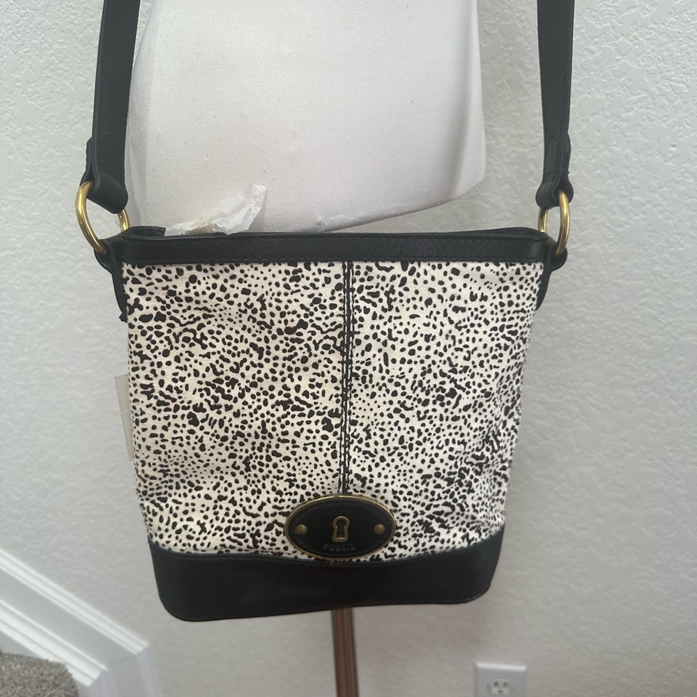 Fossil Black‎ and Cream Calfhair Print Crossbody bucket Bag NWT